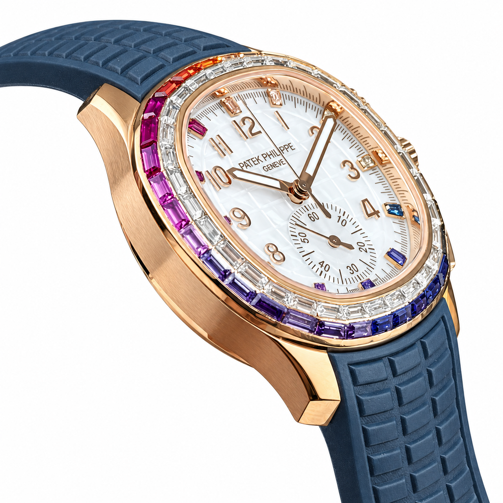 Patek Philippe Aquanaut Chronograph Rose Gold Rainbow Sapphire White MOP Navy Blue Strap 39.9mm