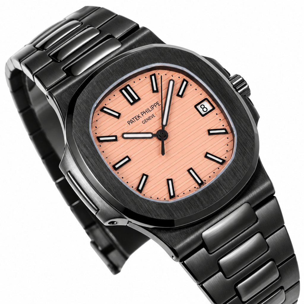 Patek Philippe Nautilus Custom DLC Black Salmon Pink Dial Steel Bracelet Date 40mm