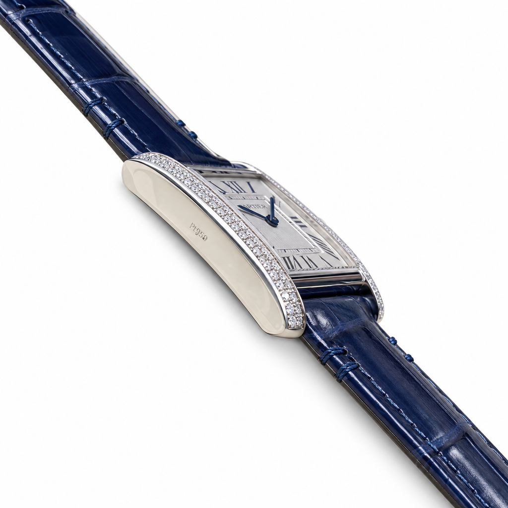 Cartier Tank MC Large Stainless Steel Full Diamond Bezel White Dial Blue Alligator Strap Watch
