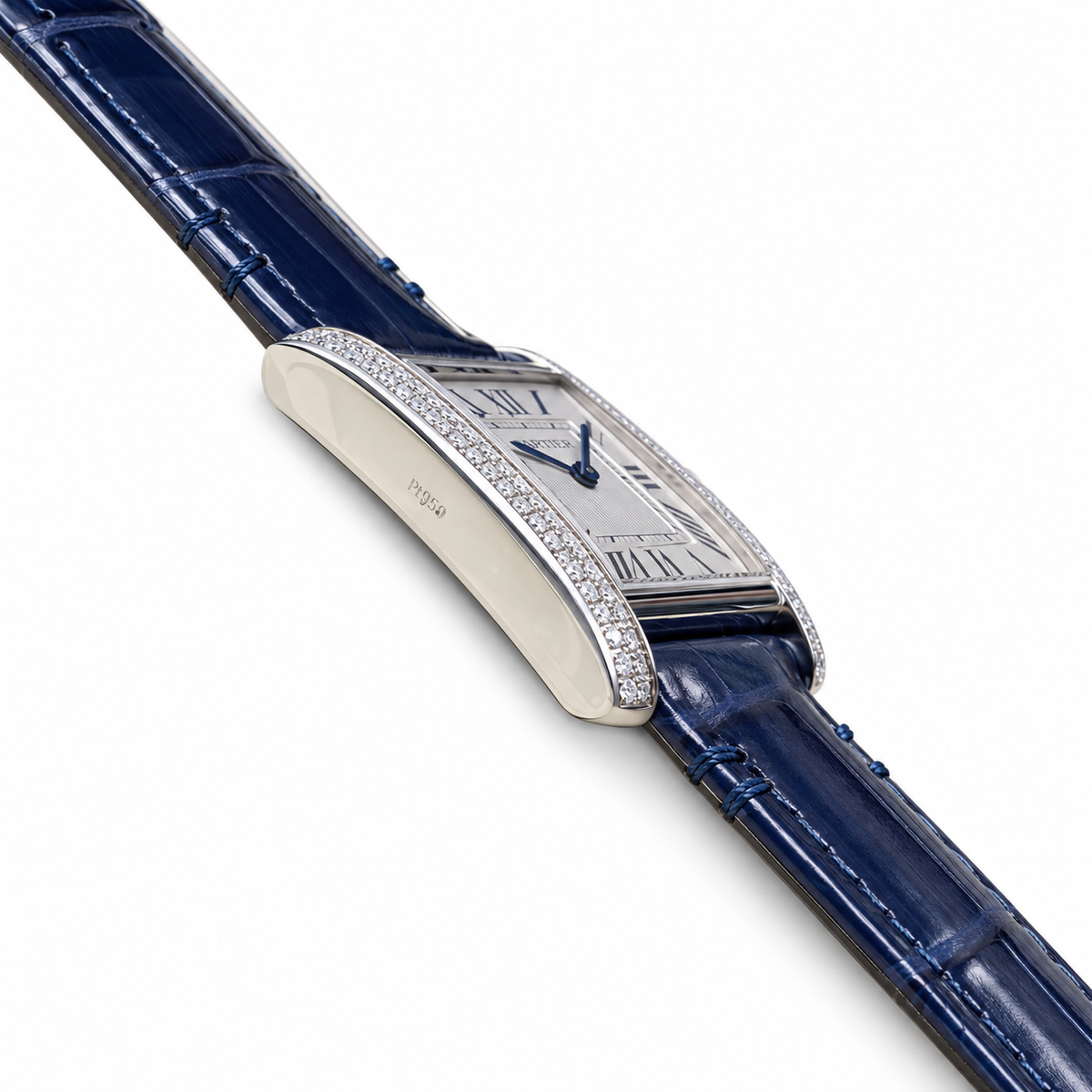 Cartier Tank MC Large Stainless Steel Full Diamond Bezel White Dial Blue Alligator Strap Watch