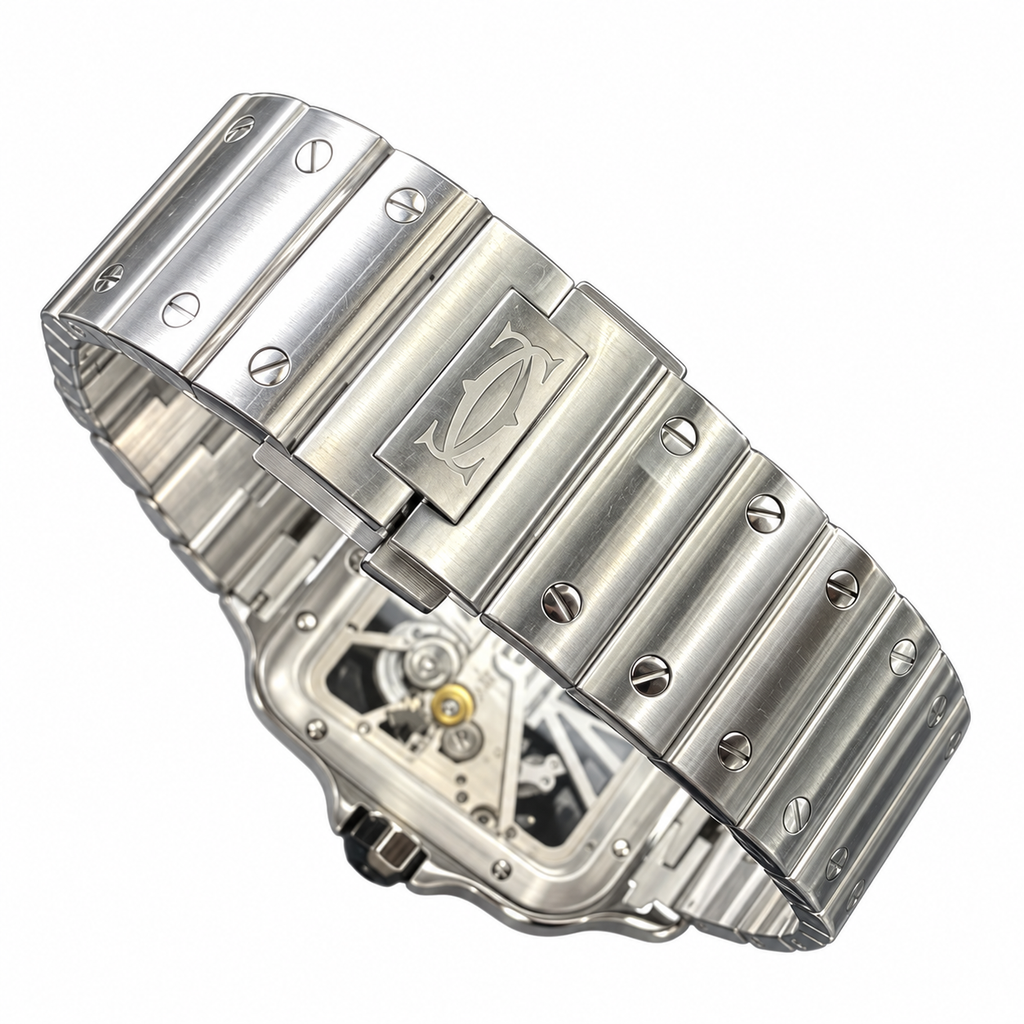 Cartier Santos de Cartier Large Stainless Steel Skeleton Green Roman Numeral Steel Bracelet Automatic Watch