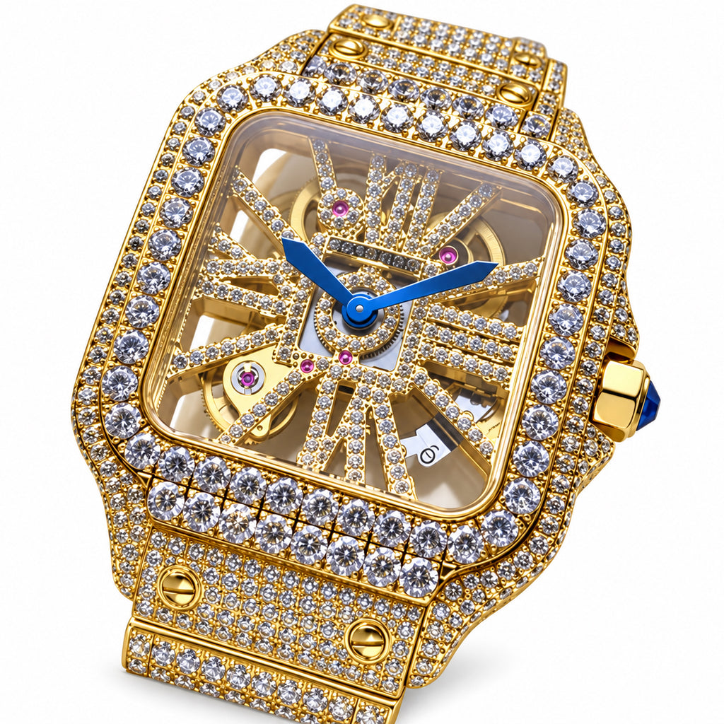 Cartier Santos de Cartier Skeleton Iced Out Yellow Gold Full Pavé Diamond Bracelet Watch