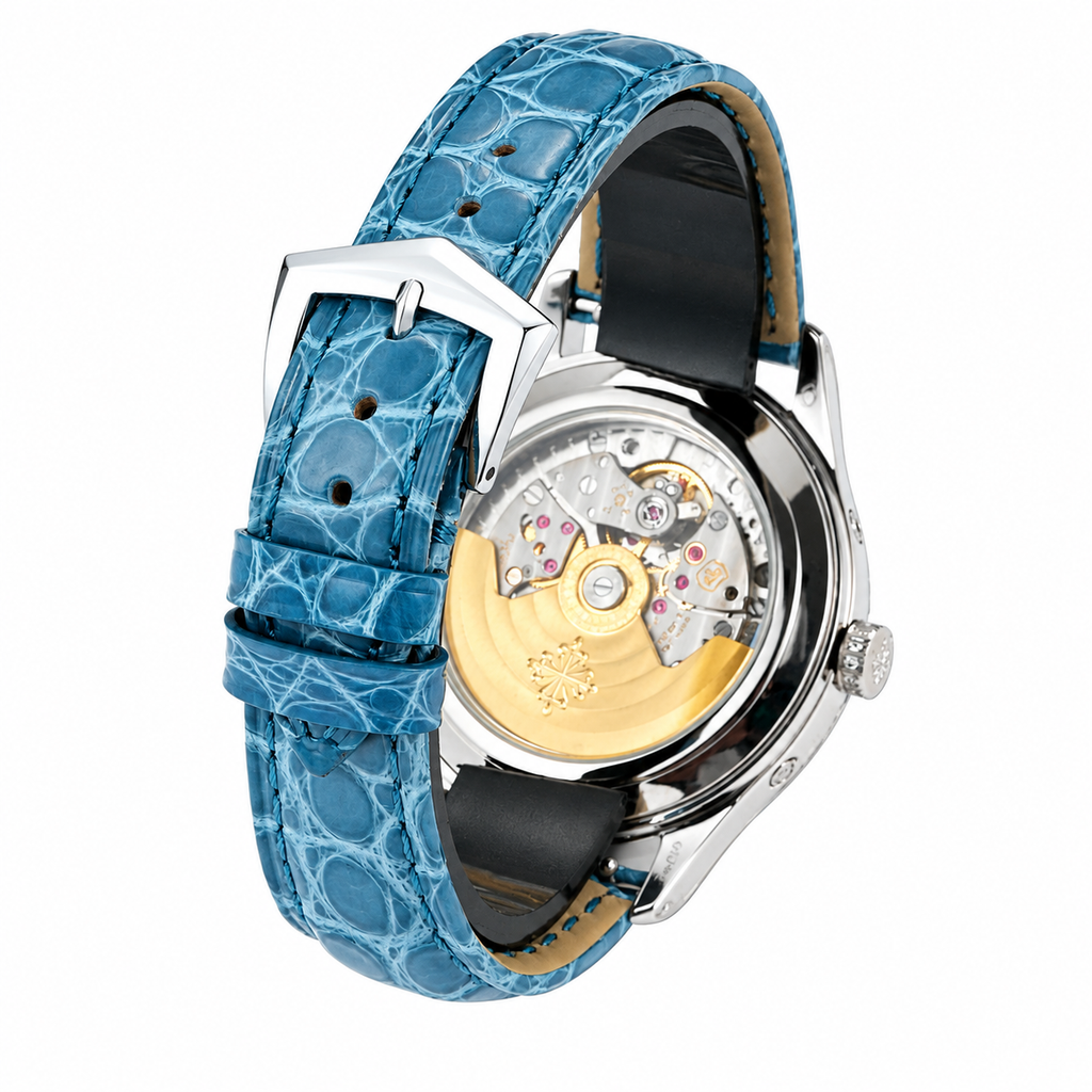 Patek Philippe Ladies Complications White Gold Round Diamond Bezel Blue Dial Arabic Numerals Annual Calendar Moon Phase Date Blue Strap 38mm