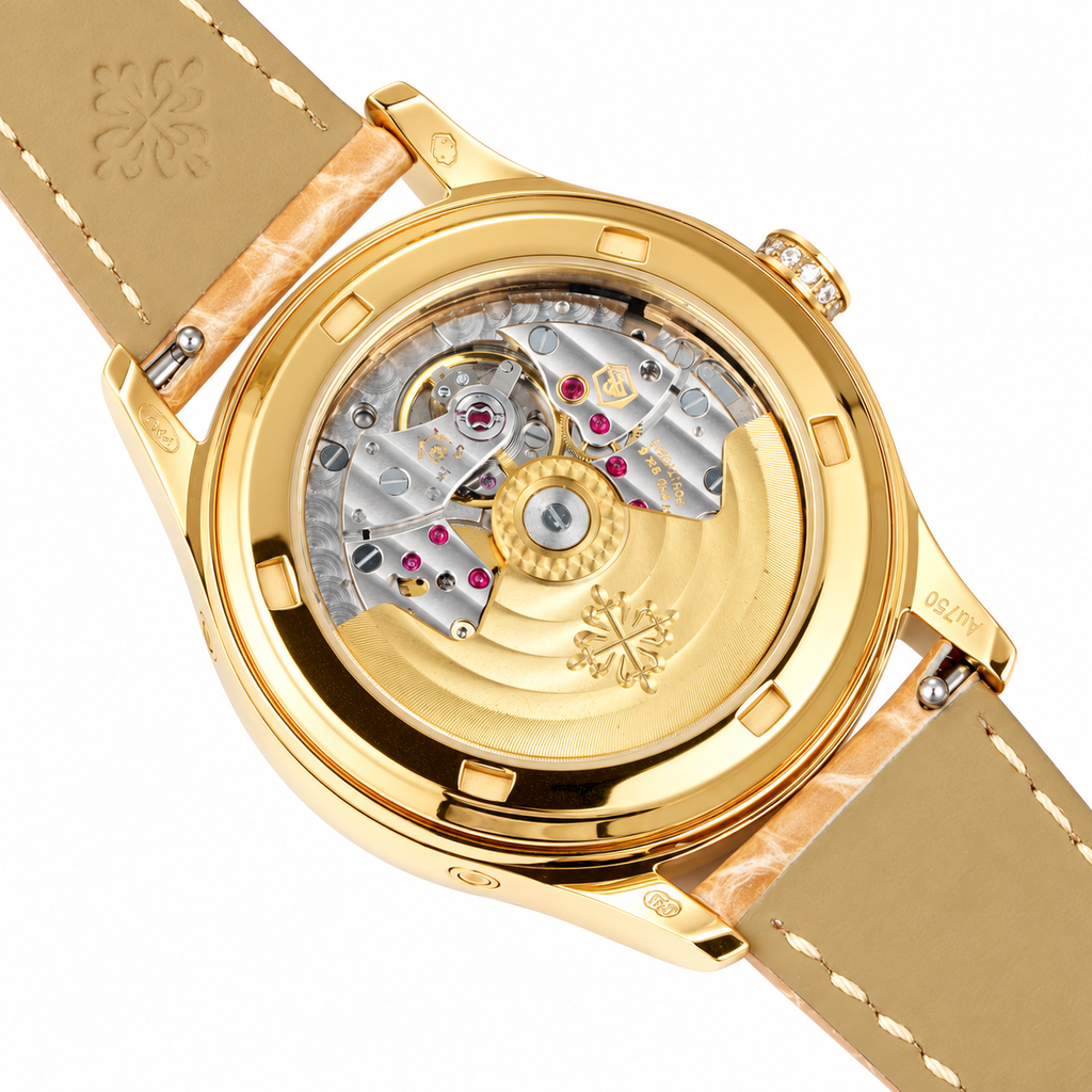 Patek Philippe Ladies Annual Calendar Yellow Gold Diamond Bezel Pink MOP Dial Roman Numerals Moon Phase Beige Strap 38mm