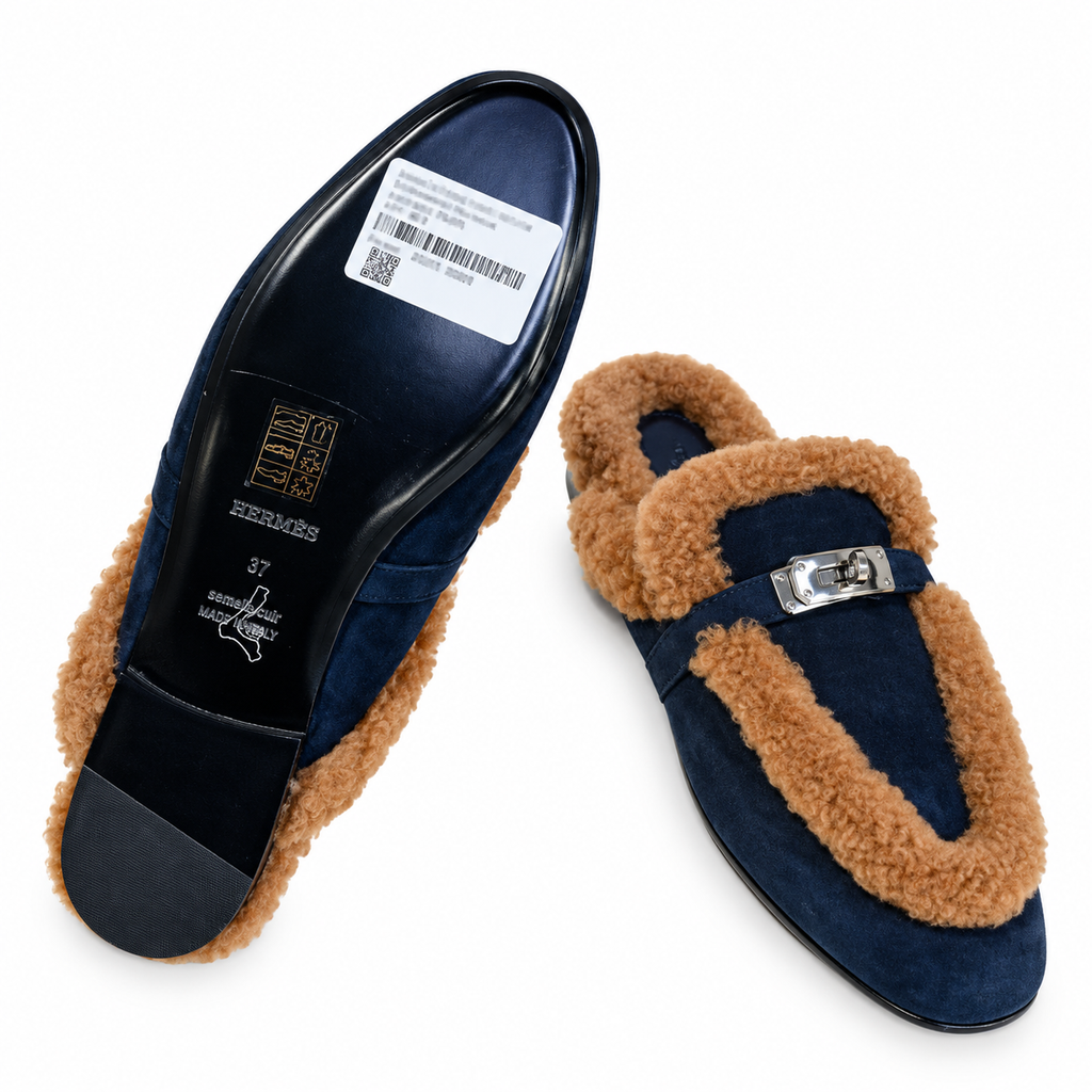 Hermès Navy Mules with Plush Trim & Silver-Tone Hardware