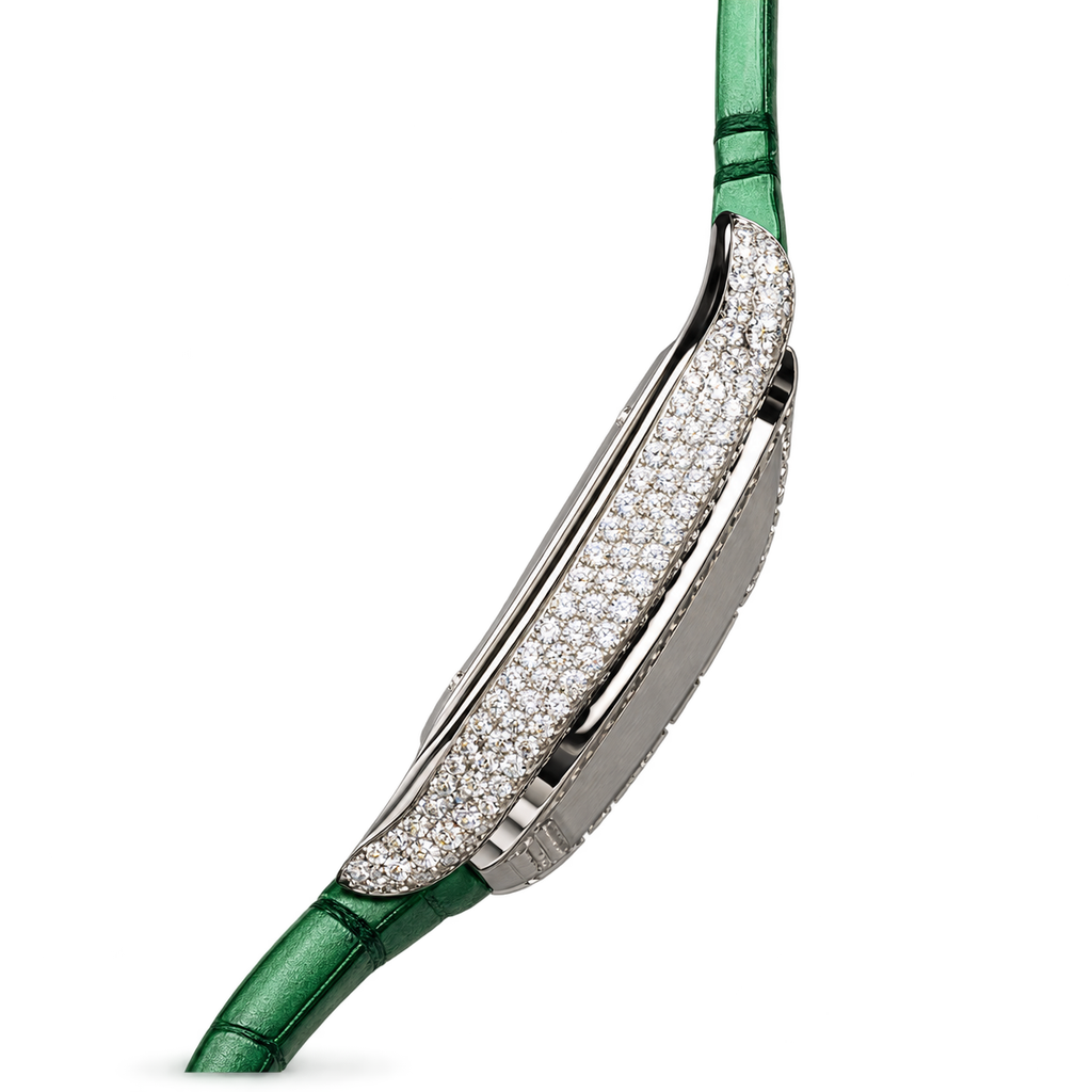 Cartier Santos de Cartier Medium 18k White Gold Full Diamond Bezel Green Dial Arabic Numeral Green Alligator Strap Automatic Watch