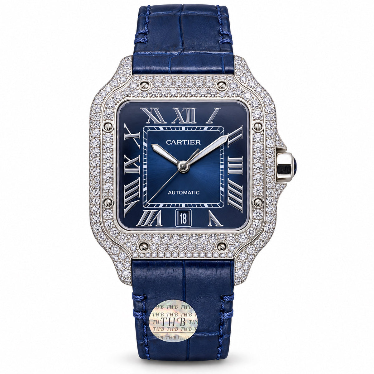 Cartier Santos Diamond Pave Blue Dial Leather Watch