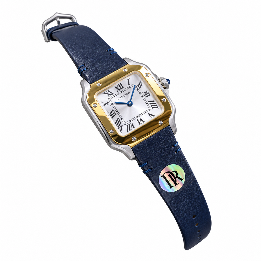 Cartier Santos de Cartier Large Stainless Steel & Yellow Gold Two-Tone White Dial Roman Numeral Blue Leather Strap Automatic Watch