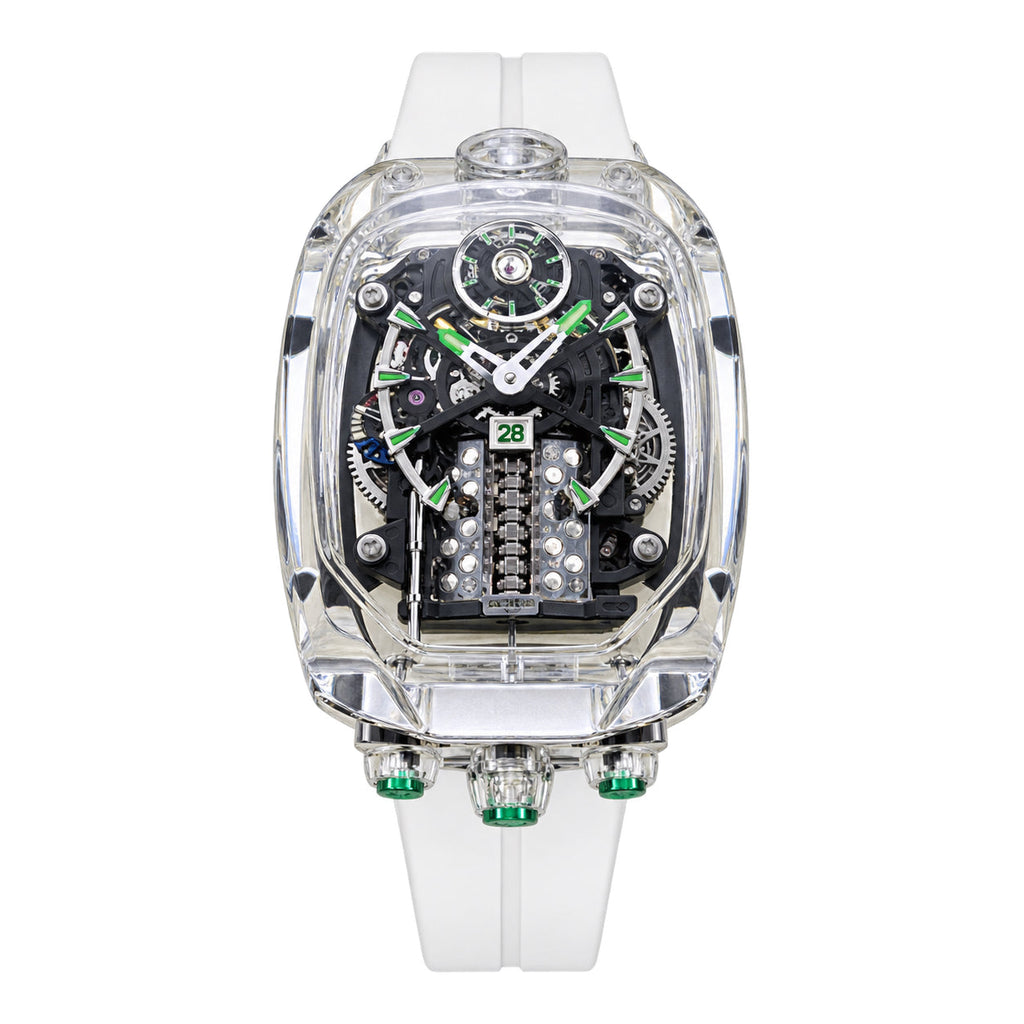 Jacob & Co. x Bugatti Chiron Clear Sapphire Crystal 16-Cylinder Engine Tourbillon Green Accents White Rubber Sport Watch