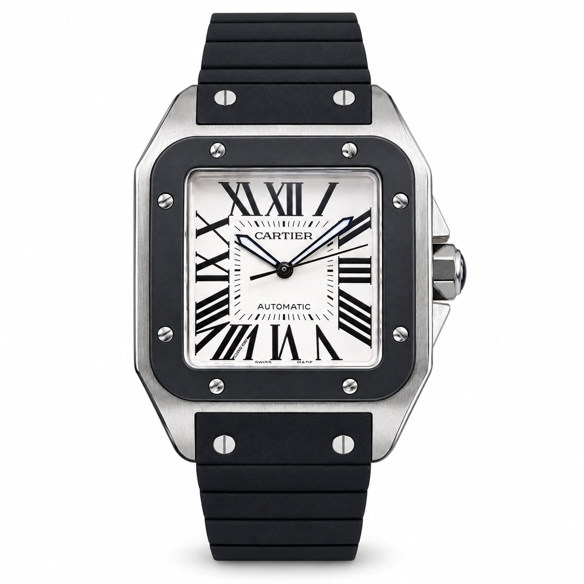 Cartier Santos 100 XL Stainless Steel Black Rubber Bezel White Dial Roman Numeral Black Rubber Strap Automatic Watch