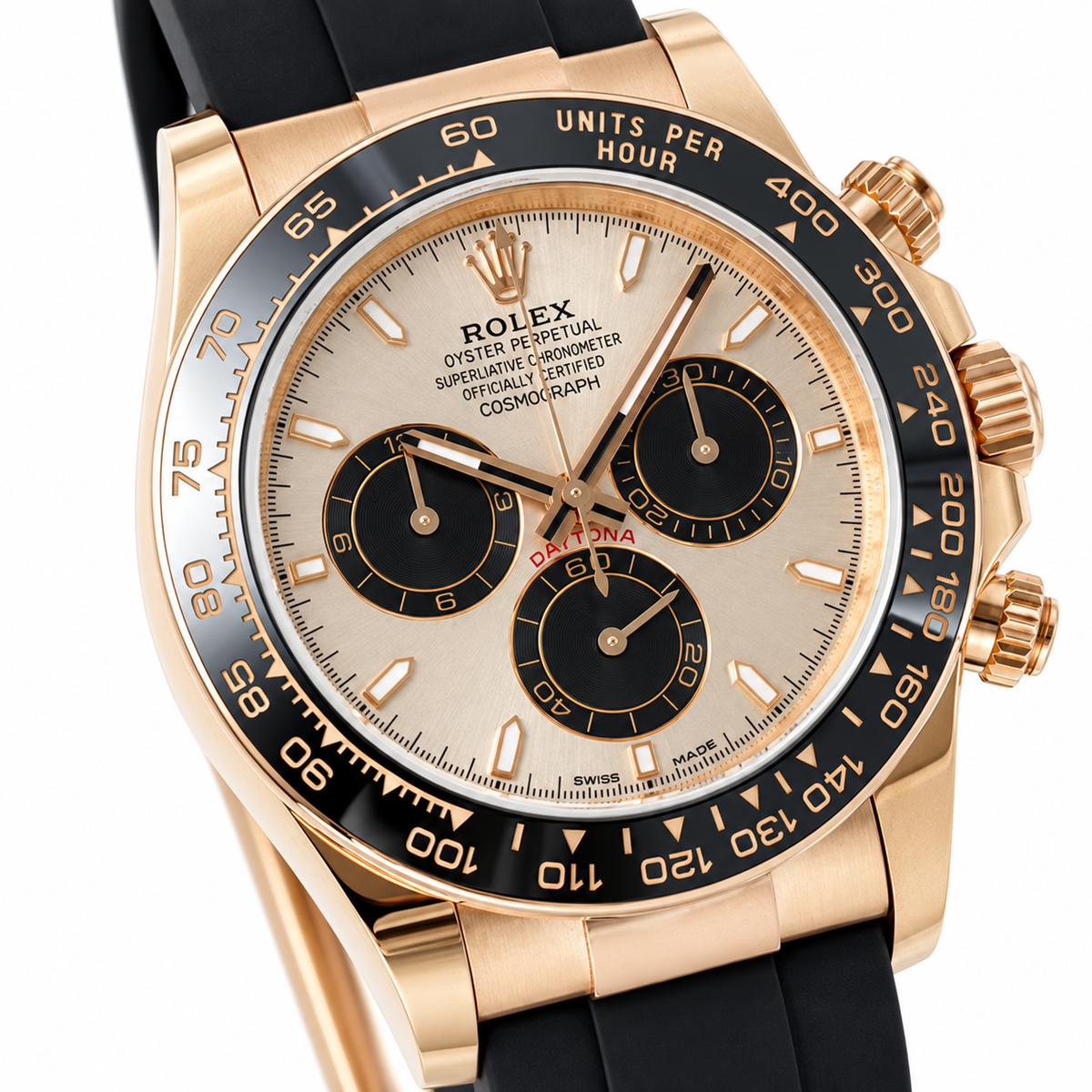 Rolex Cosmograph Daytona Rose Gold Black Ceramic Bezel Champagne Dial Oysterflex Watch