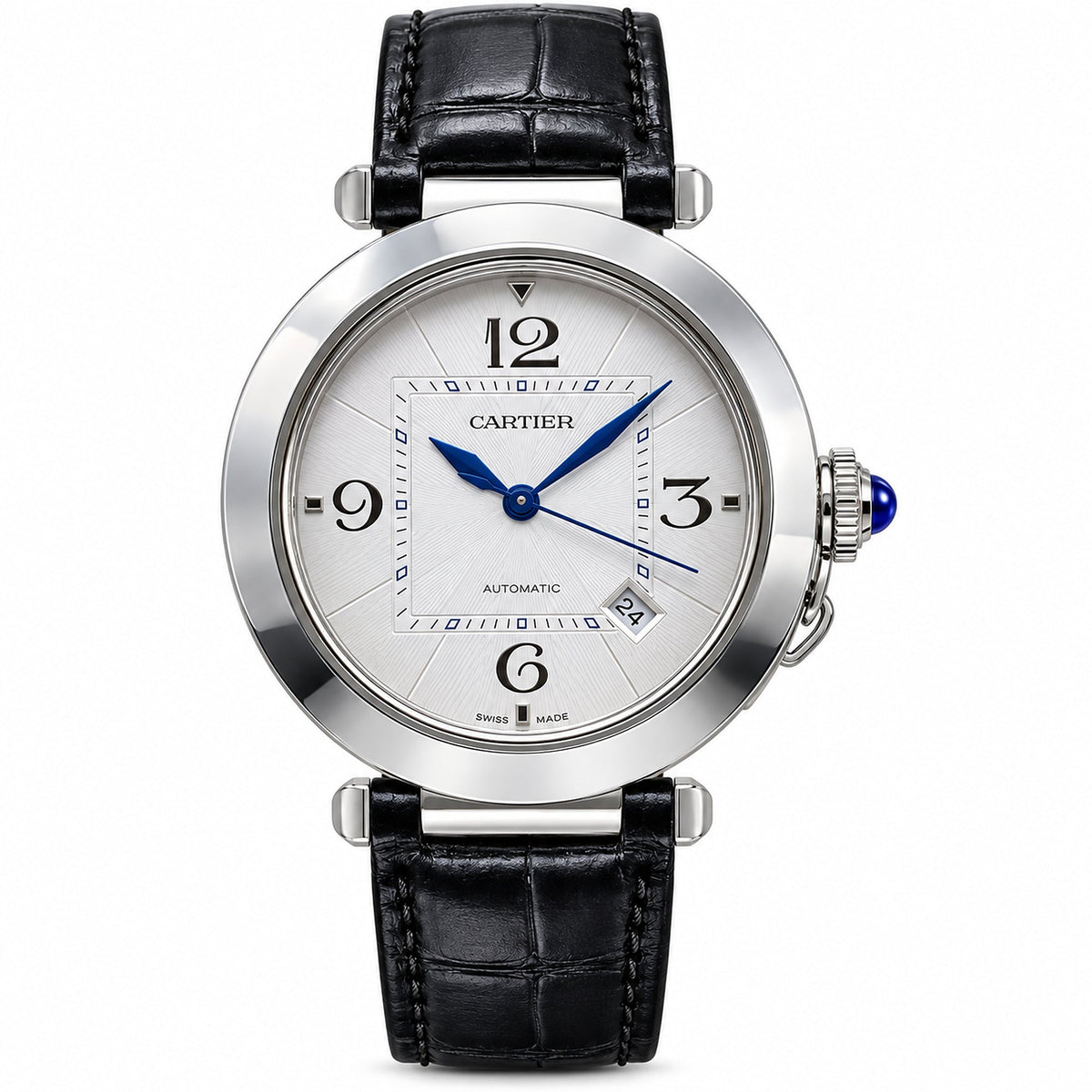 Cartier Pasha de Cartier 41mm — Steel, Silver Dial, Arabic Numerals, Date & Black Alligator Strap, Automatic