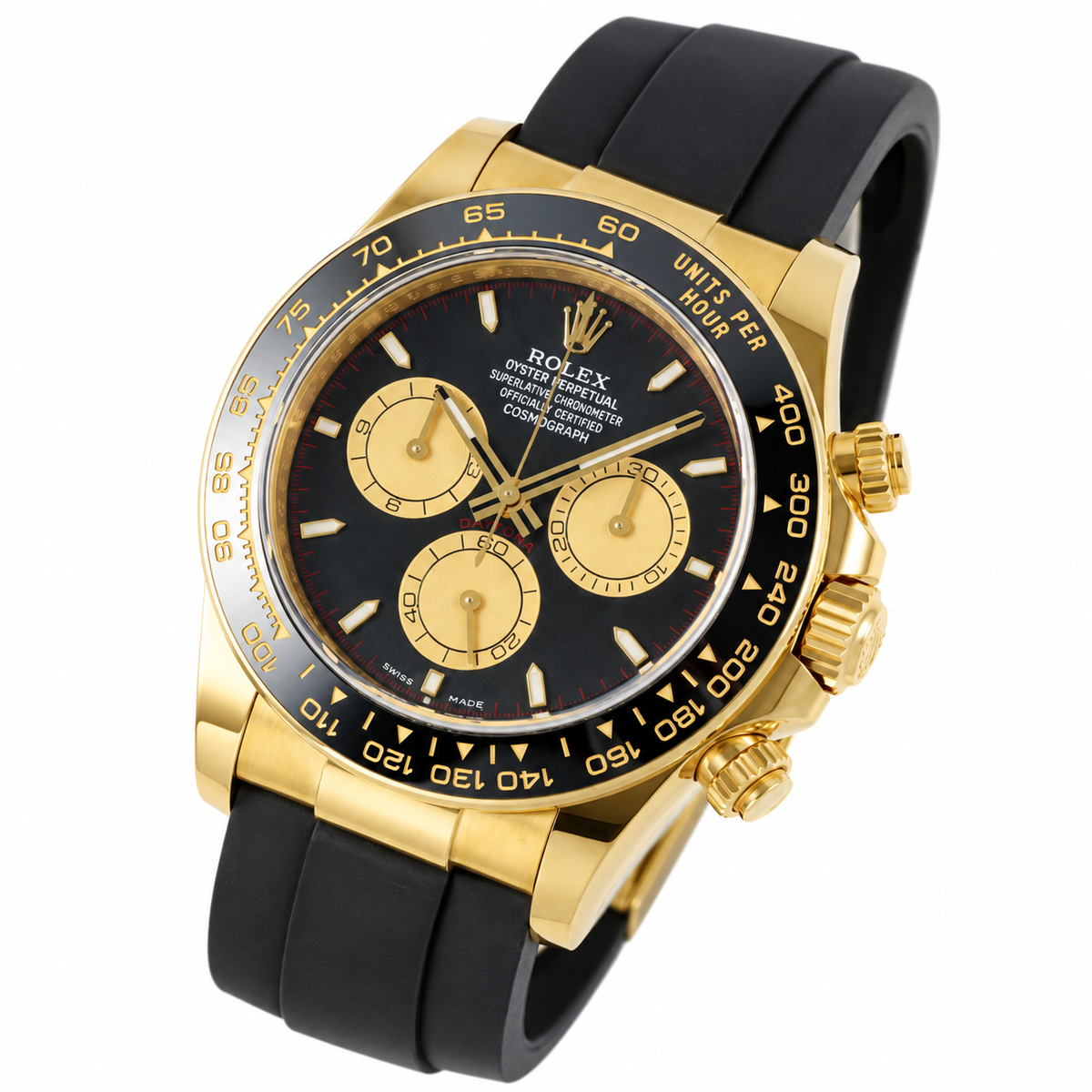 Rolex Cosmograph Daytona Yellow Gold Black Ceramic Bezel Black Dial Champagne Sub-dials Oysterflex Watch