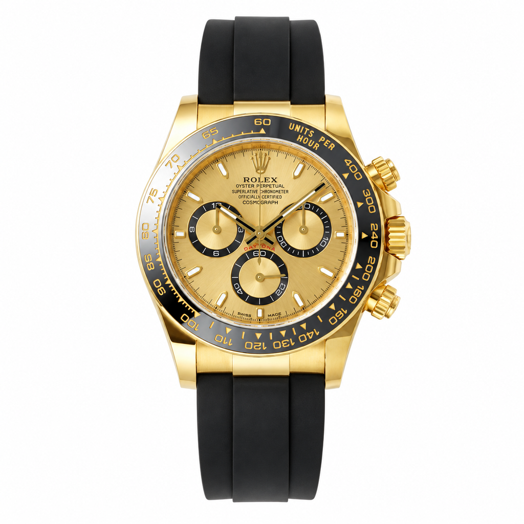 Rolex Cosmograph Daytona 18K Yellow Gold Black Ceramic Bezel Champagne Dial Oysterflex Watch 40mm