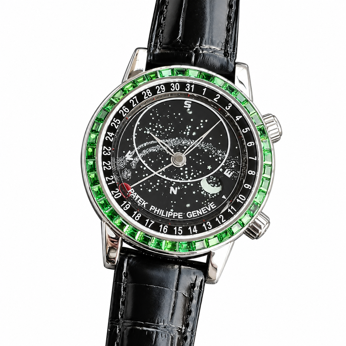 Patek Philippe Celestial White Gold Emerald Bezel Black Star Dial Moon Phase 44mm