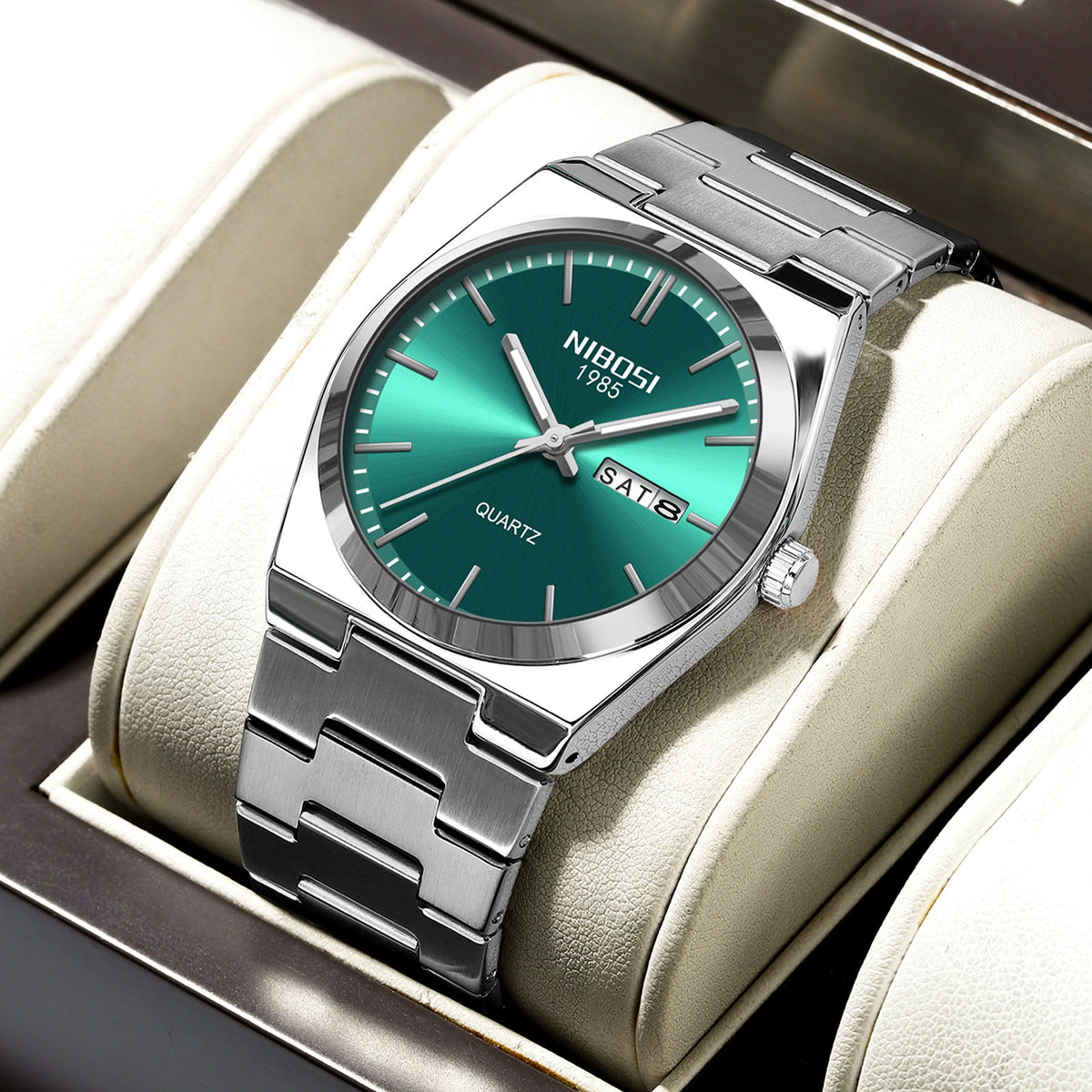 NIBOSI 1985 Classic Tonneau Watch 37mm | Emerald Green Sunray Dial & Brushed Steel Bracelet