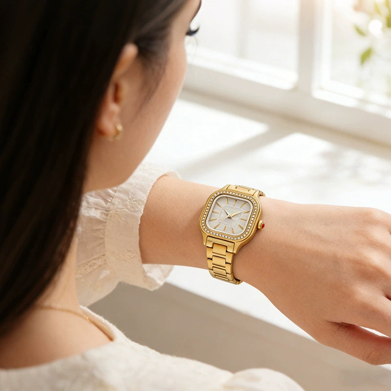 Women's Luxury Square Watch 40mm | Gold Diamond Bezel & Champagne Dial