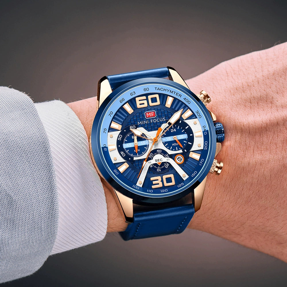 MINI FOCUS Sport Chronograph Watch 50mm | Navy Blue & Rose Gold Men's Timepiece