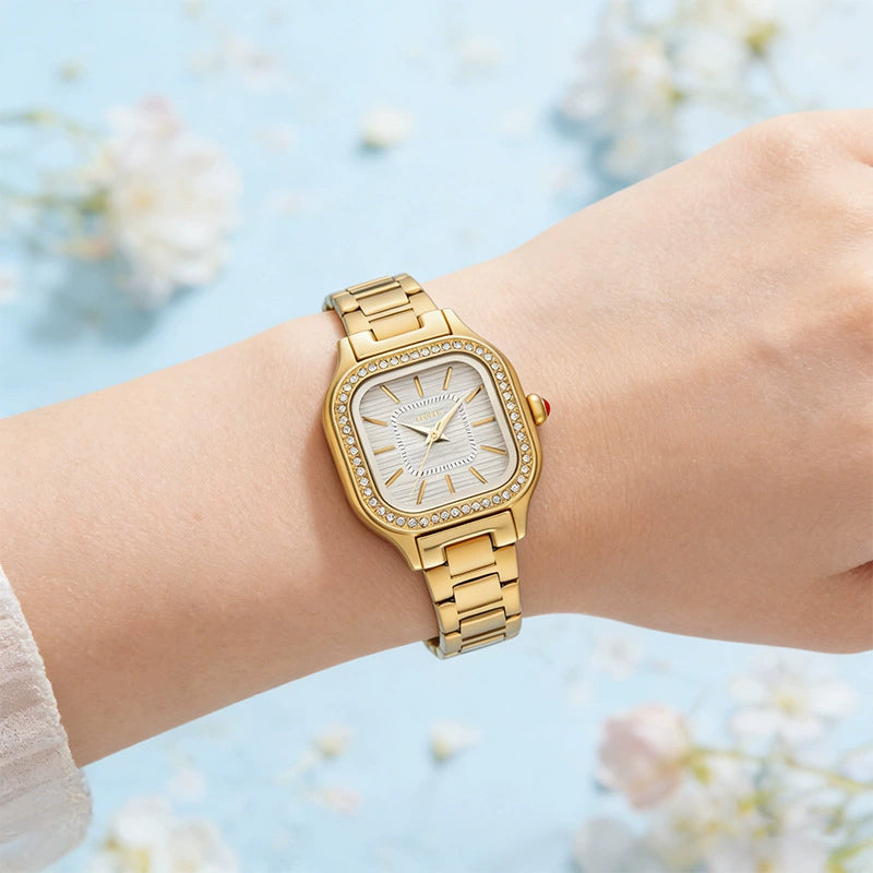 Women's Luxury Square Watch 40mm | Gold Diamond Bezel & Champagne Dial