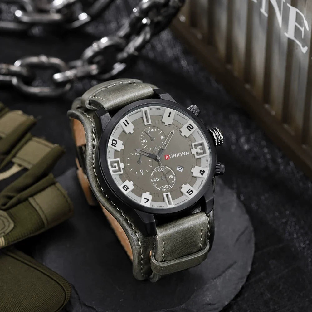 AURIONN Men's Military Chronograph – Grey Dial Wide Leather Strap