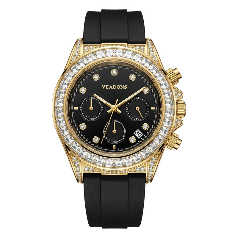 VEADONS Iced Out Chronograph Watch 40mm | Gold Diamond Bezel & Black Dial