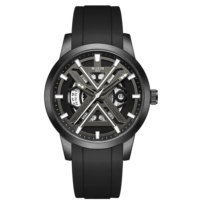 WLISTH 1853 Automatic — Black PVD Steel, X-Bridge Skeleton Dial, Date & Black Rubber Strap, Men