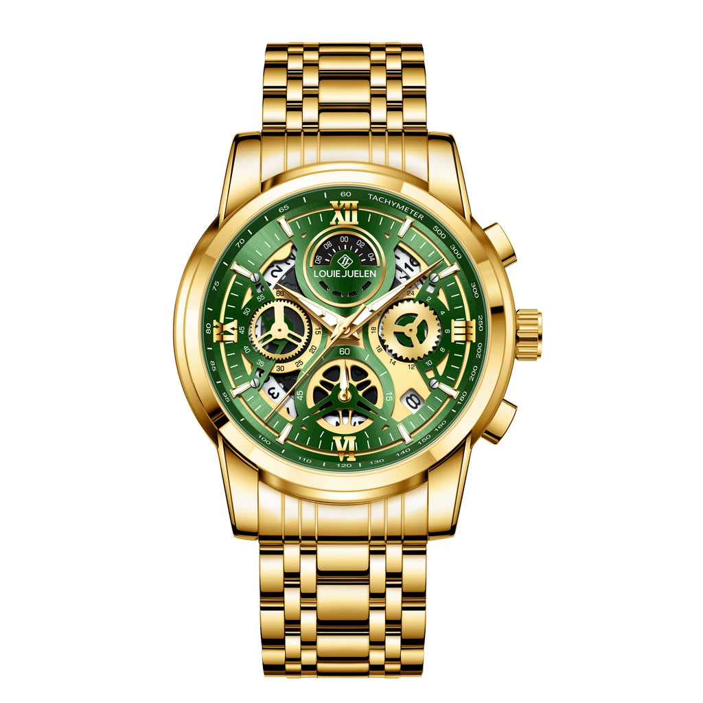 LOUIE JUELEN Luxury Chronograph Watch 42mm | Gold & Emerald Green Skeleton Dial