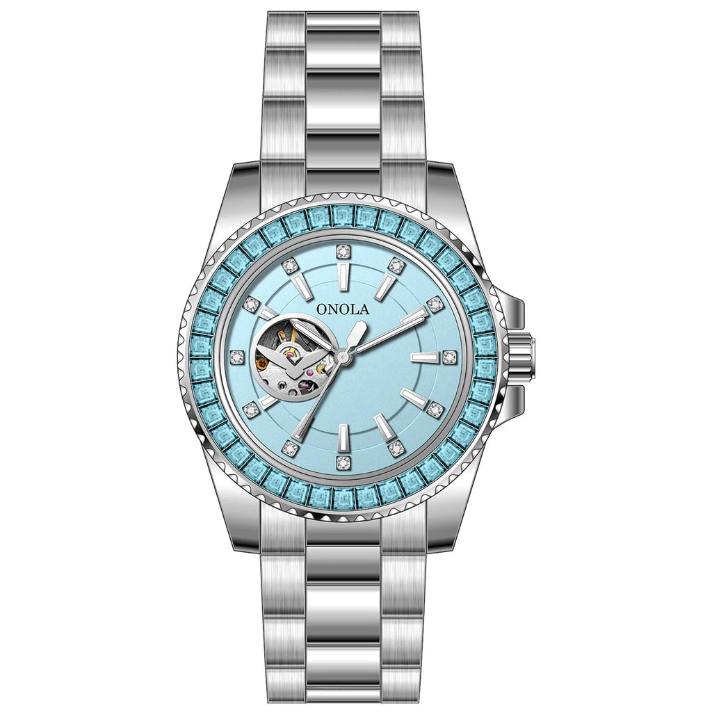 ONOLA Automatic — Steel, Green Baguette Crystal Bezel, Green Skeleton Dial & Steel Bracelet, Men