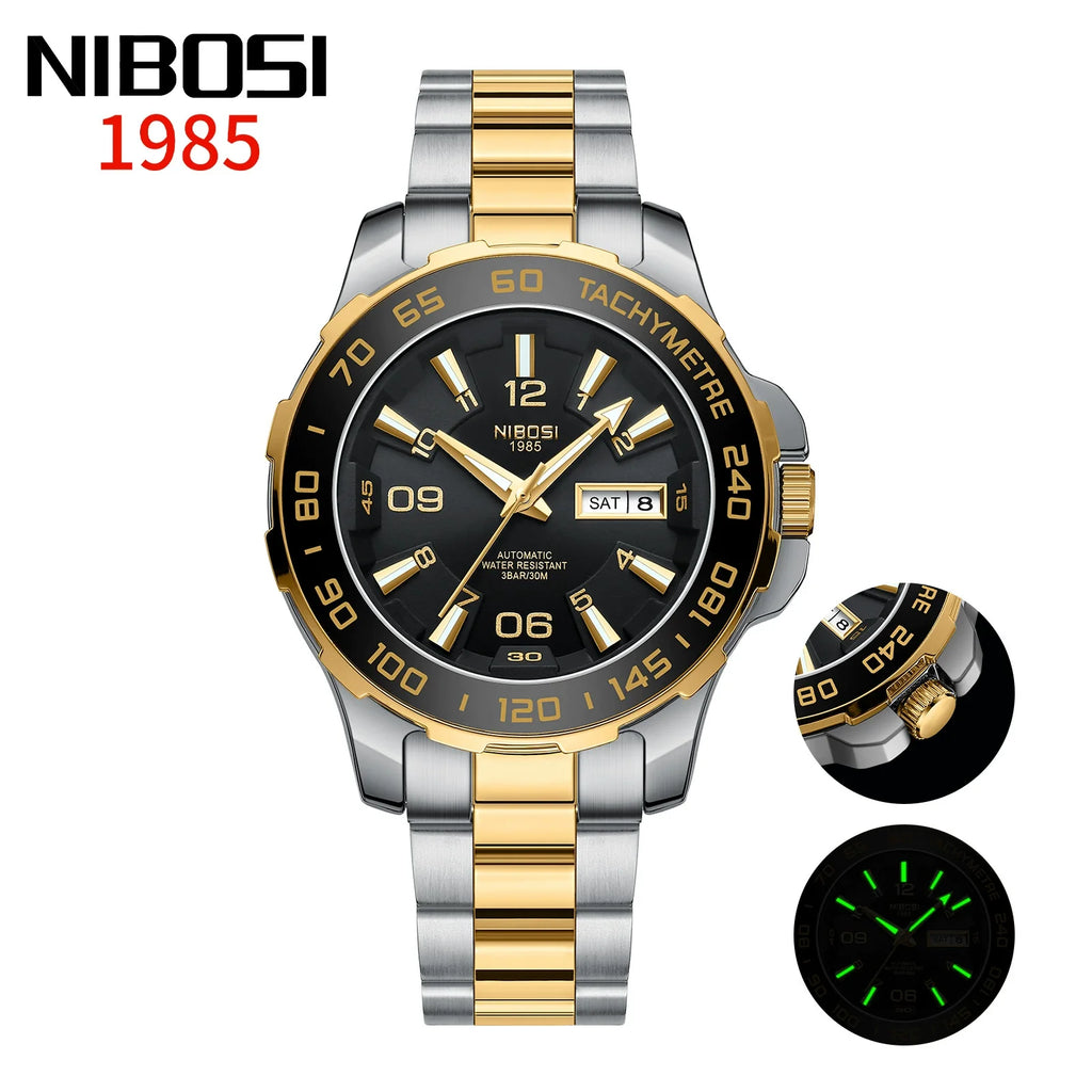 NIBOSI 1985 Automatic — Black PVD Steel, Black Dial, Tachymetre Bezel & Steel Bracelet, Men