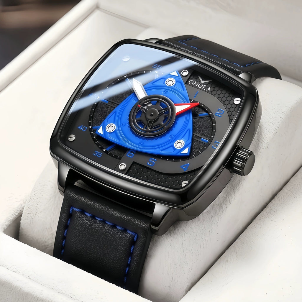 Men's Futuristic Square Sport Watch 44mm | 3D Wheel Dial & All-Black Stealth Design