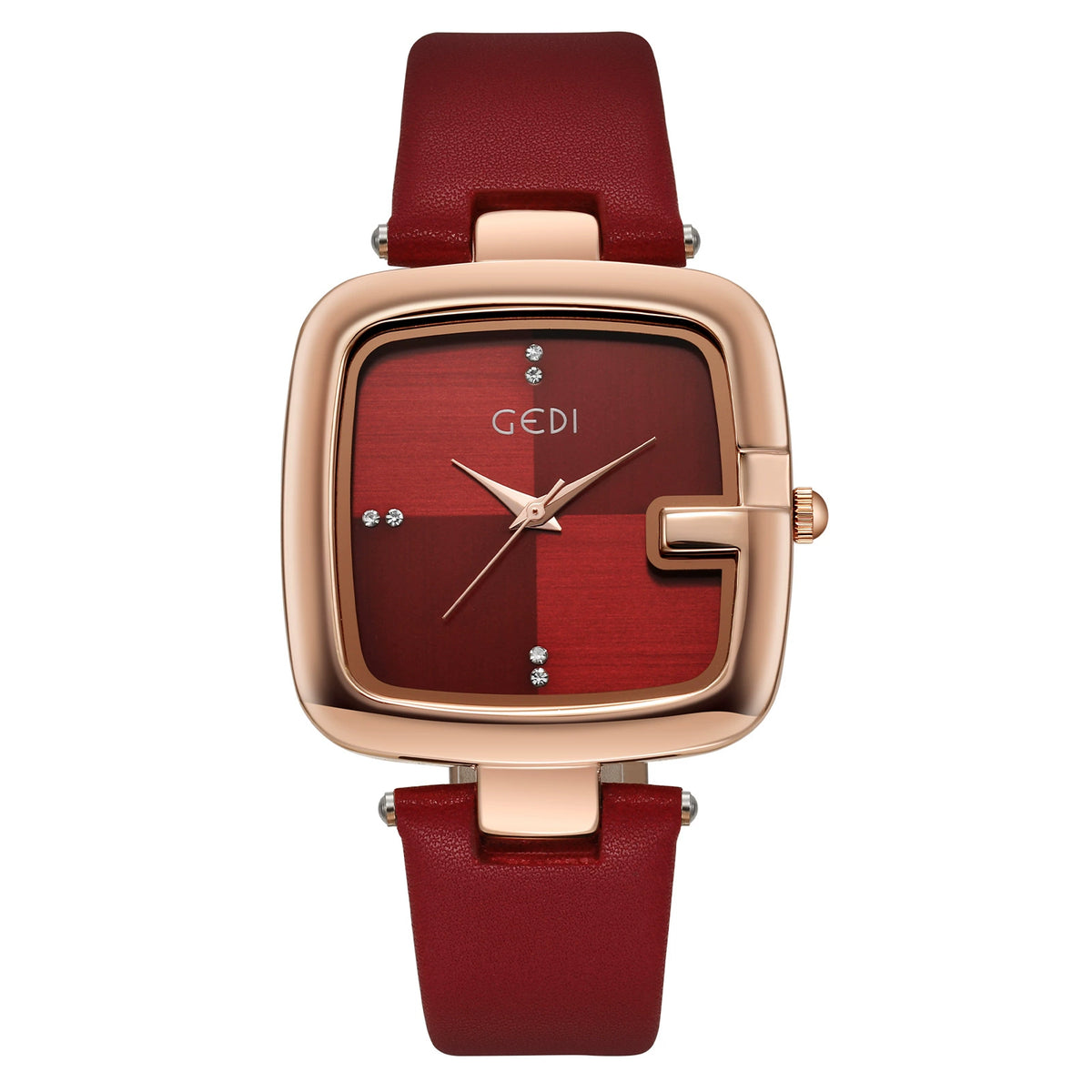 GEDI Women's Square Watch 36mm | Rose Gold Cushion Case & Deep Red Geometric Dial