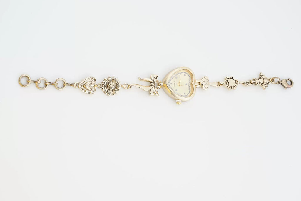 Women's Heart-Shaped Charm Bracelet Watch 37mm | Gold Fairy & Floral Chain Timepiece