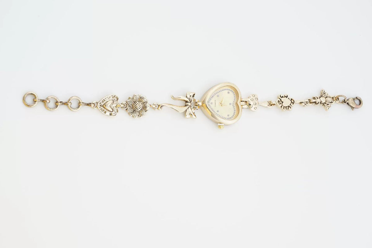 Women's Heart-Shaped Charm Bracelet Watch 37mm | Gold Fairy & Floral Chain Timepiece