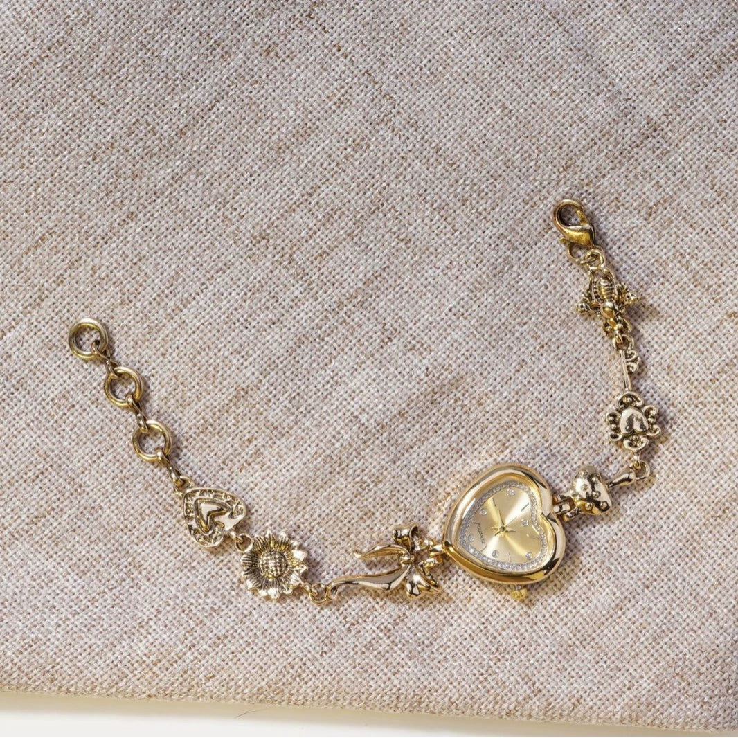 Women's Heart-Shaped Charm Bracelet Watch 37mm | Gold Fairy & Floral Chain Timepiece