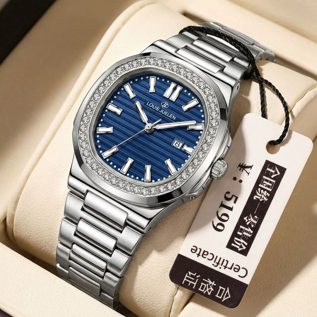 LOUIE JUELEN Women's Luxury Watch 29mm | Diamond Bezel & Navy Blue Dial