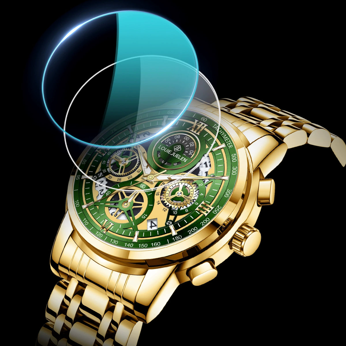 LOUIE JUELEN Luxury Chronograph Watch 42mm | Gold & Emerald Green Skeleton Dial