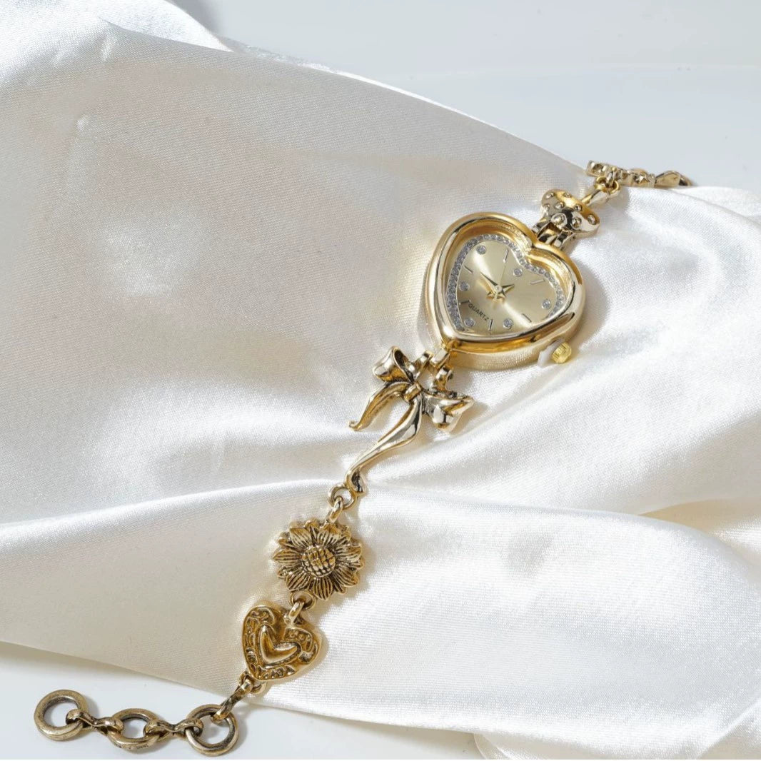 Women's Heart-Shaped Charm Bracelet Watch 37mm | Gold Fairy & Floral Chain Timepiece