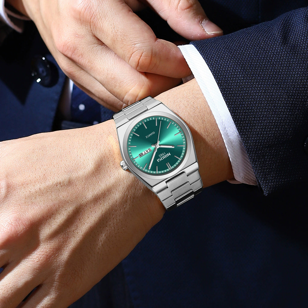 NIBOSI 1985 Classic Tonneau Watch 37mm | Emerald Green Sunray Dial & Brushed Steel Bracelet