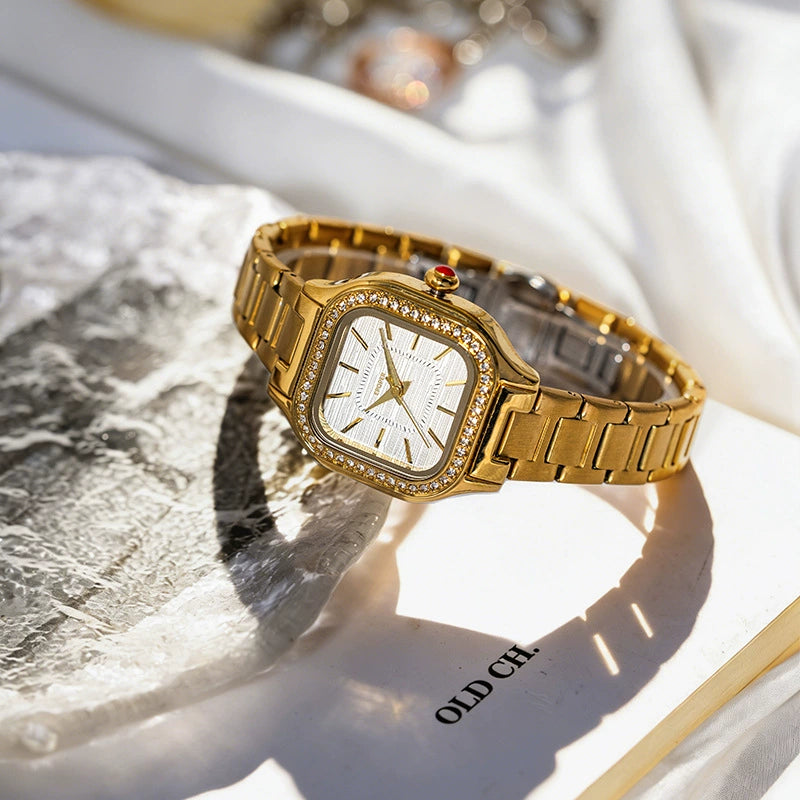 Women's Luxury Square Watch 40mm | Gold Diamond Bezel & Champagne Dial