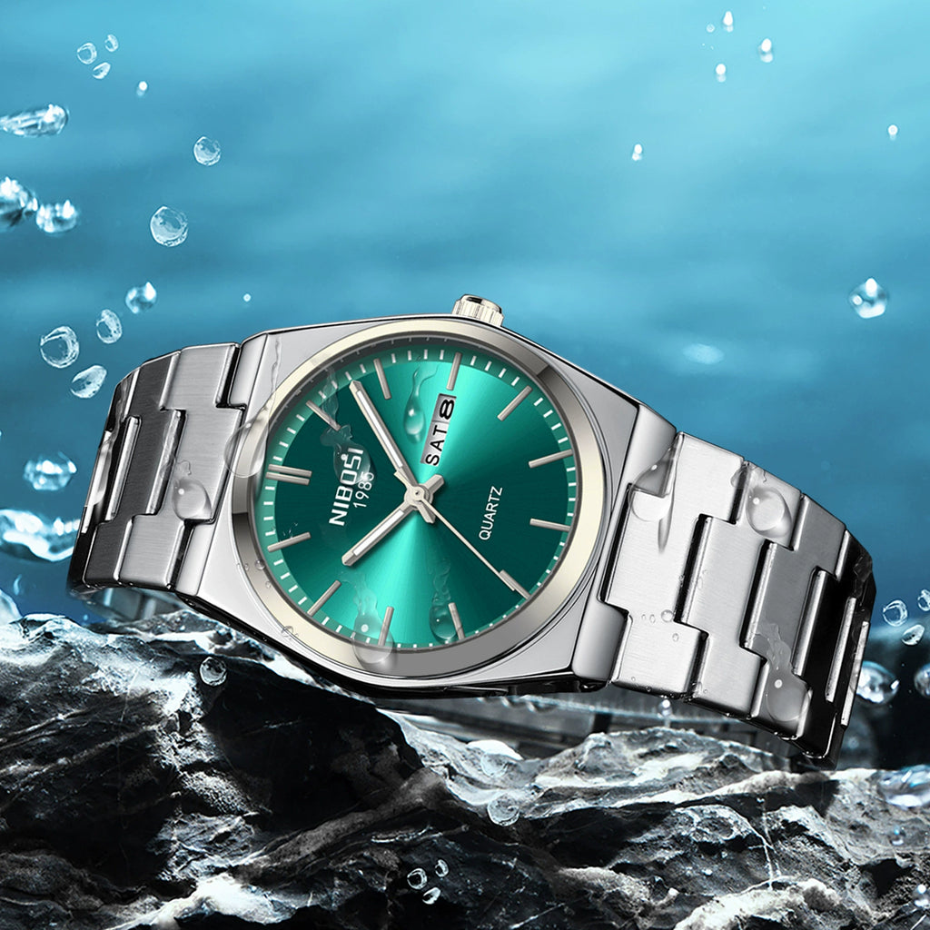 NIBOSI 1985 Classic Tonneau Watch 37mm | Emerald Green Sunray Dial & Brushed Steel Bracelet