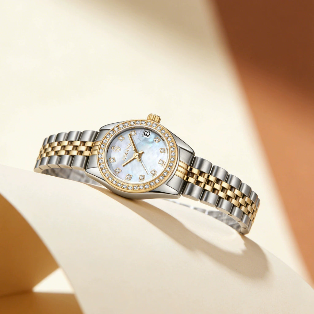 AIMAN Women's Luxury Watch 22mm | Mother of Pearl Dial & Full Diamond Bezel