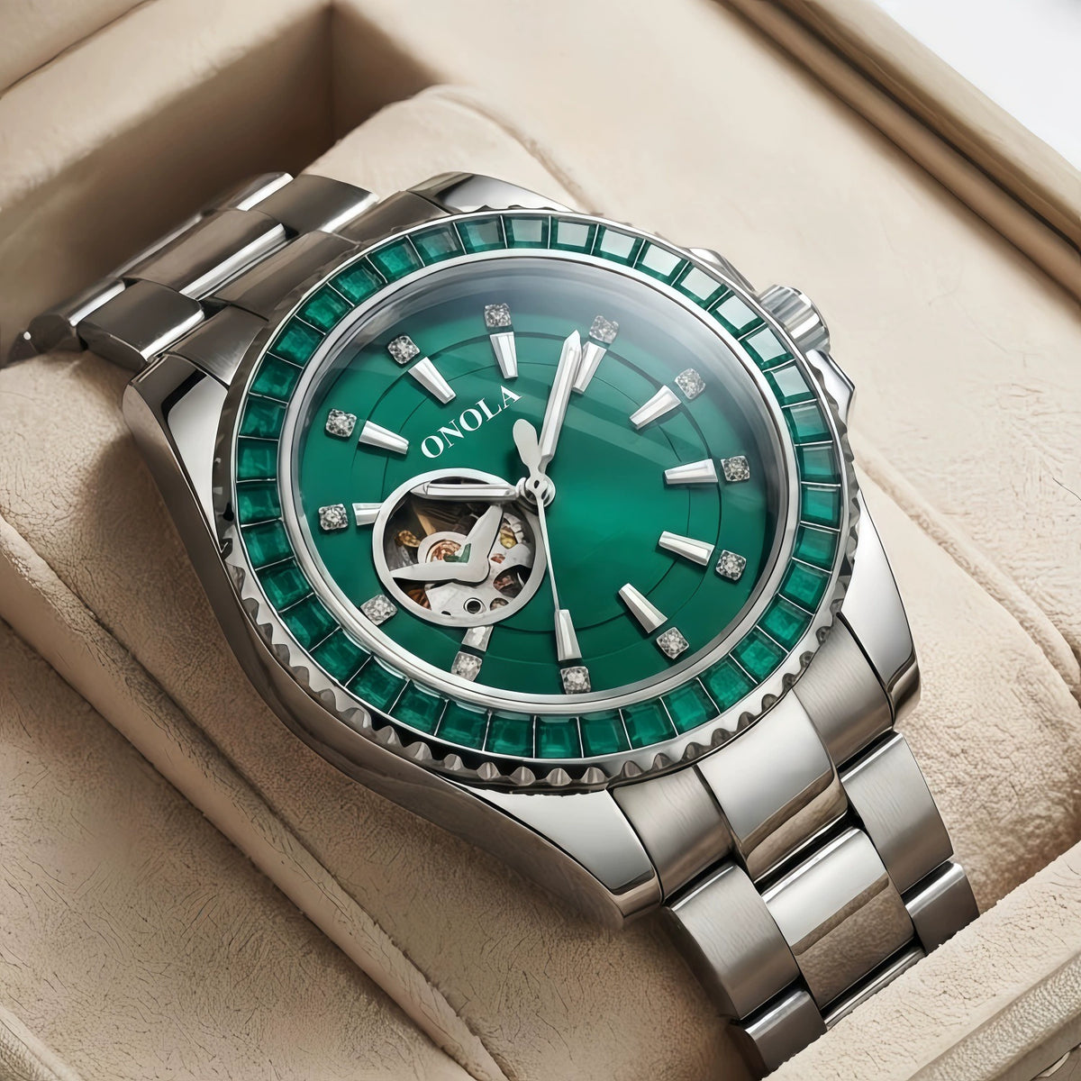 ONOLA Automatic Watch 44mm | Emerald Gem Bezel & Open-Heart Green Dial