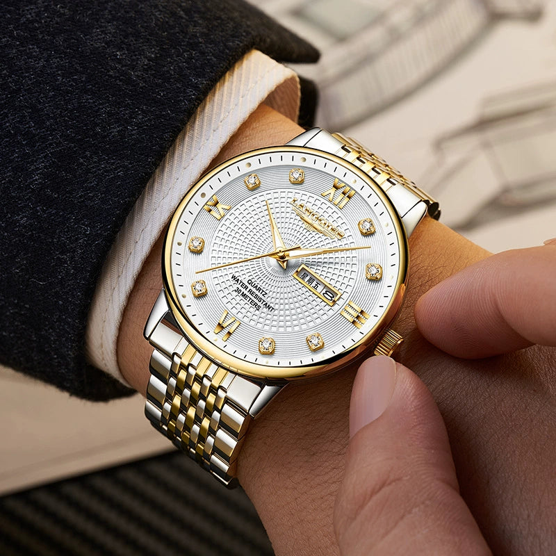 LANGQIES Classic Two-Tone Watch 40mm | Diamond Hour Markers & Dual Calendar