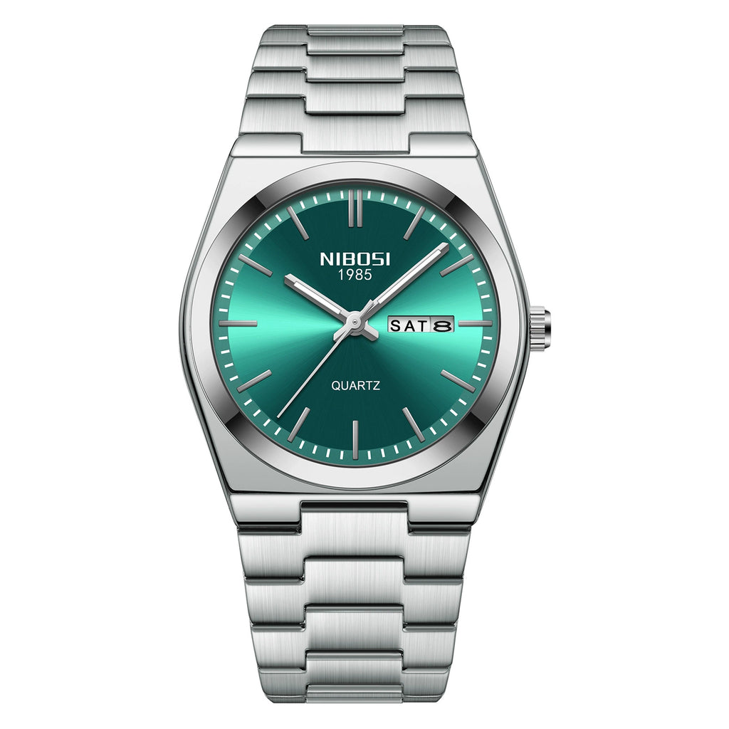 NIBOSI 1985 Classic Tonneau Watch 37mm | Emerald Green Sunray Dial & Brushed Steel Bracelet