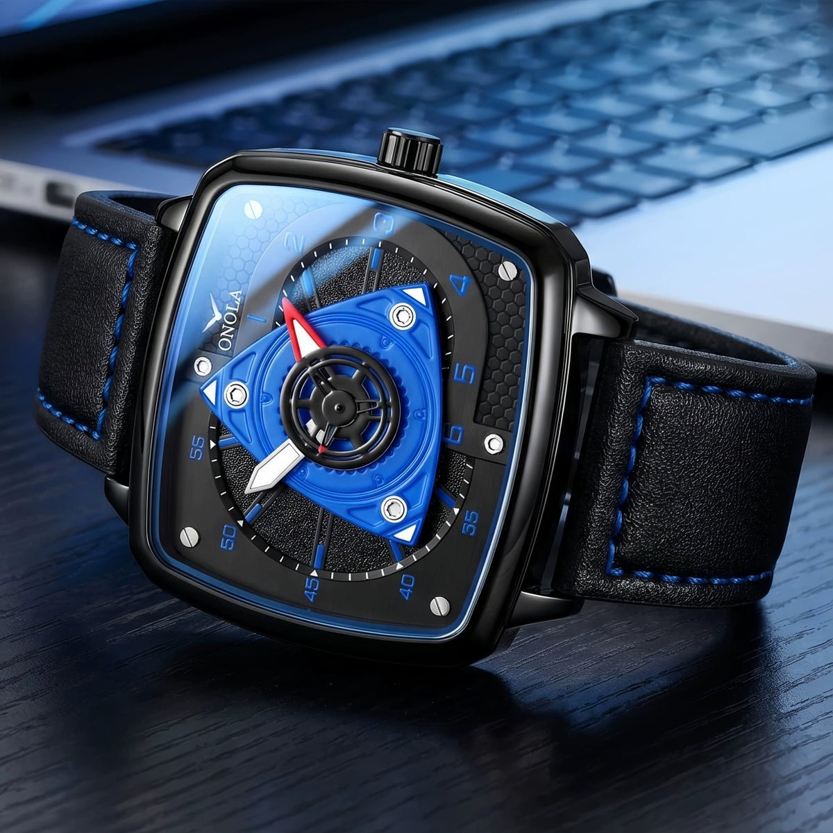 Men's Futuristic Square Sport Watch 44mm | 3D Wheel Dial & All-Black Stealth Design