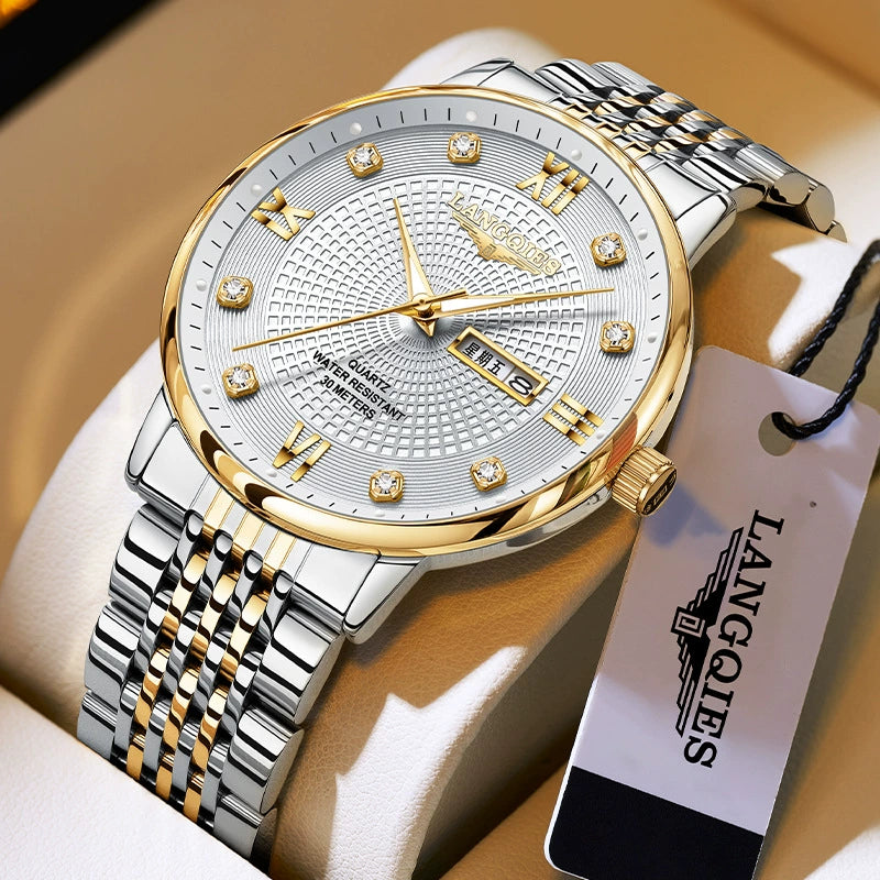 LANGQIES Classic Two-Tone Watch 40mm | Diamond Hour Markers & Dual Calendar