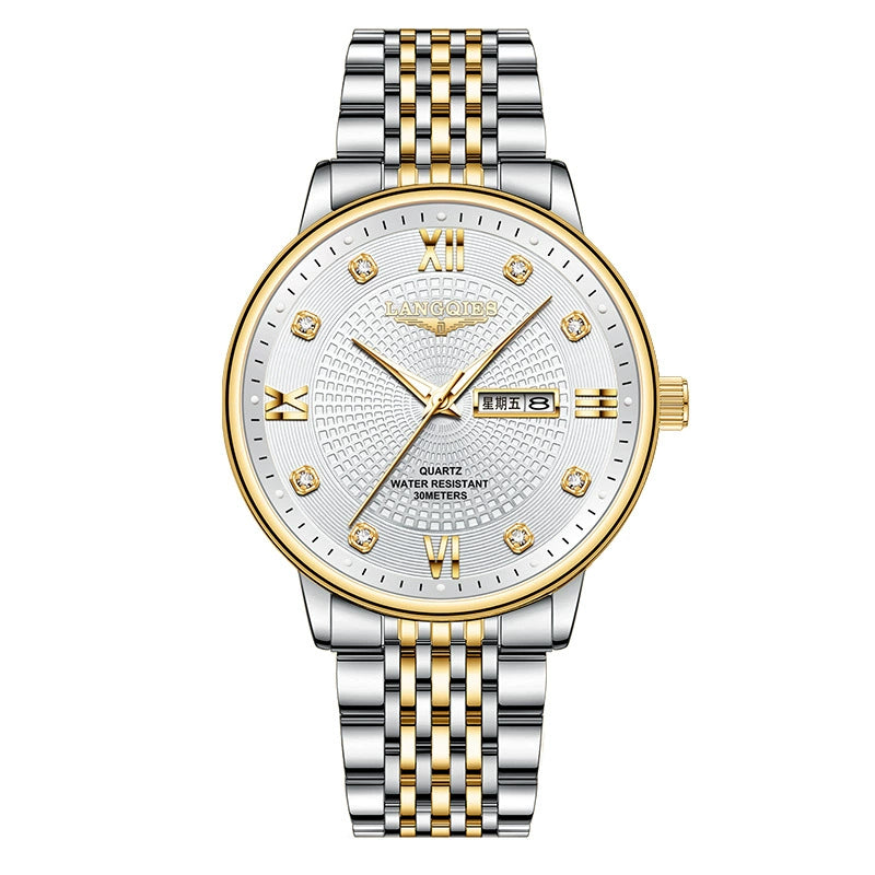 LANGQIES Classic Two-Tone Watch 40mm | Diamond Hour Markers & Dual Calendar
