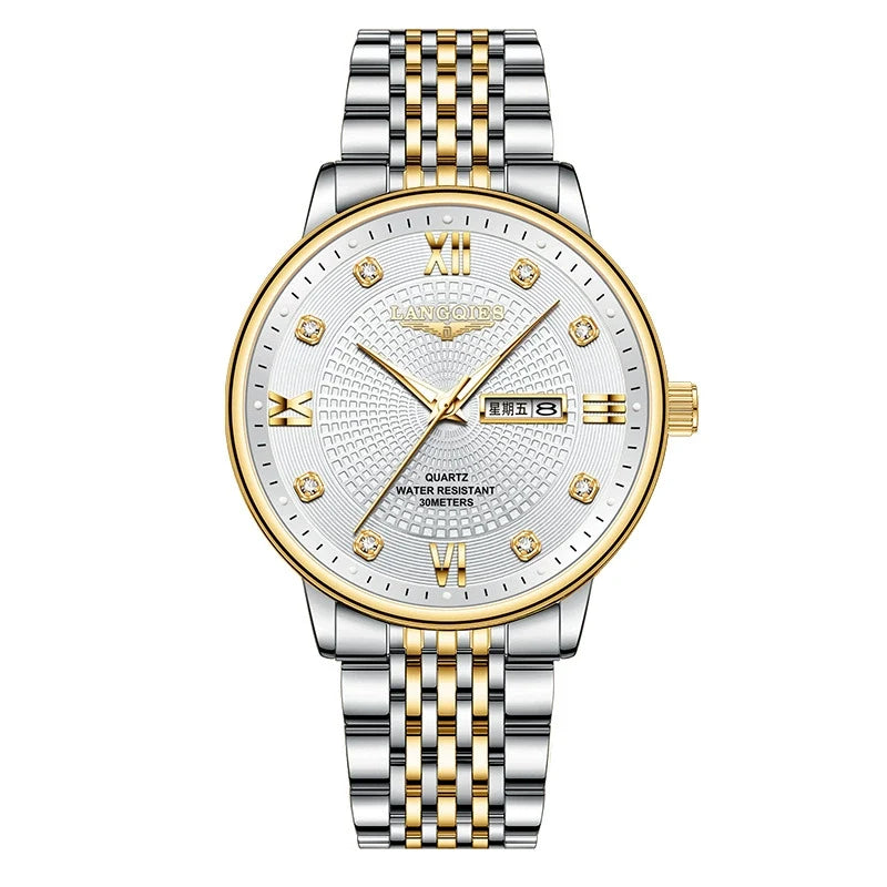 Langqies — Two-Tone Steel & Gold, White Guilloché Dial, Crystal Markers & Two-Tone Bracelet, Men