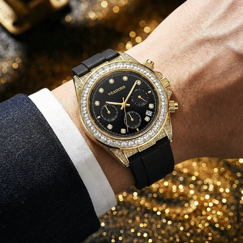 VEADONS Iced Out Chronograph Watch 40mm | Gold Diamond Bezel & Black Dial