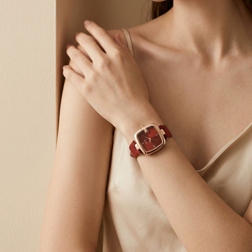 GEDI Women's Square Watch 36mm | Rose Gold Cushion Case & Deep Red Geometric Dial